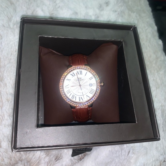 Ladies Oniss Gold Tone Brown Leather Band Silver Dial Crystals Date Watch ON3322 main image 5
